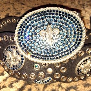 Royal Plush black leather belt with silver hardware and blue crystals throughout
